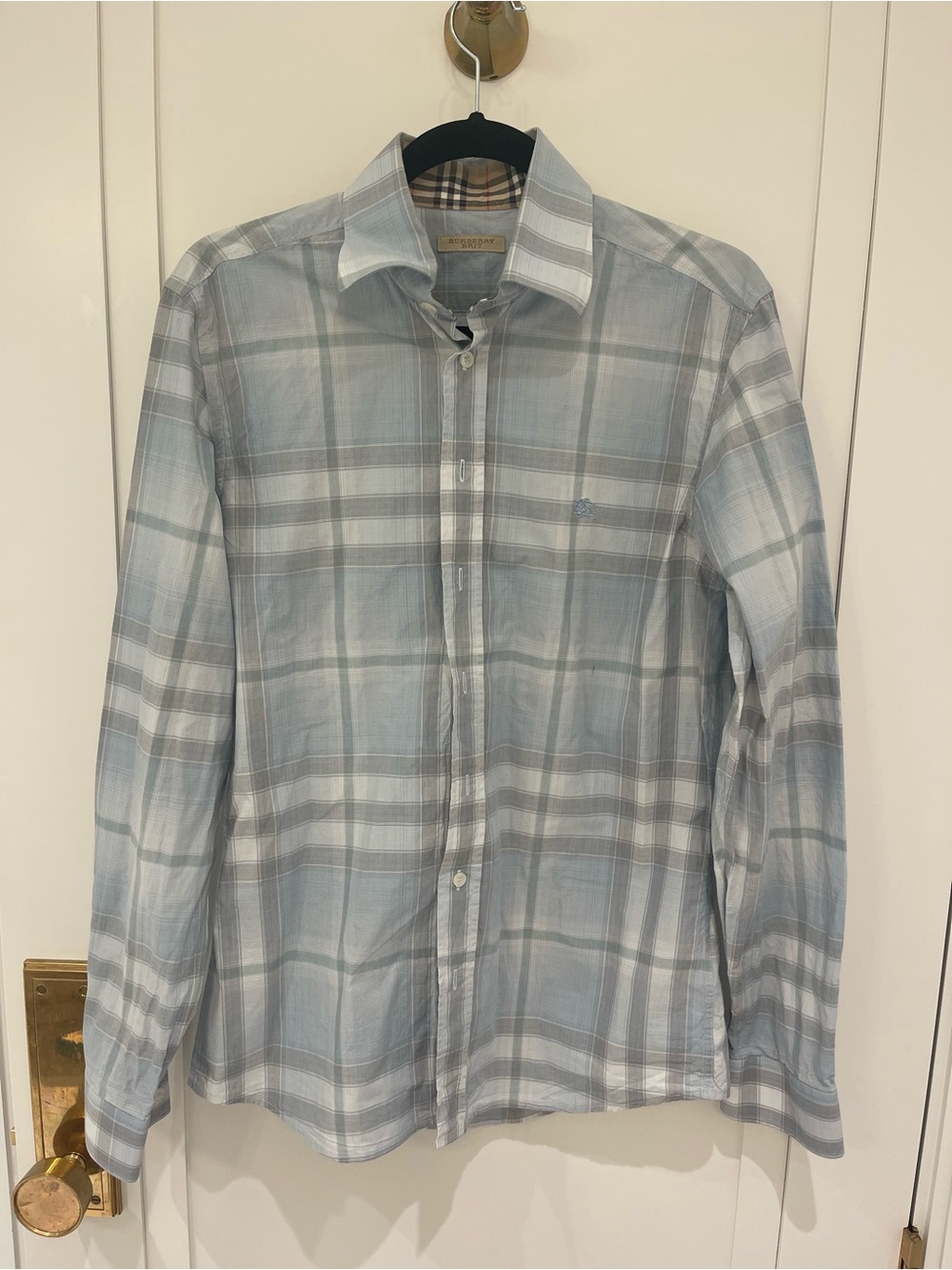 Burberry Light Blue and Gray Plaid Button-Down Shirt